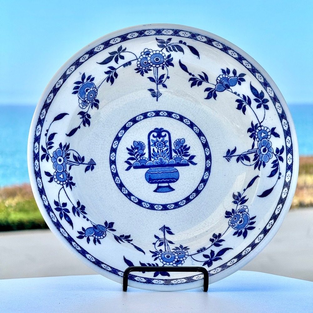 Delft Minton Bowl Unisex 10.25in Blue White Flower Basket Antique Ironstone 1800